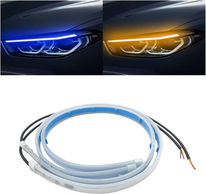 HIPOPY LED Headlight Strip Tube Light, 24 Inch Flexible DRL Daytime Running Light, Waterproof Switchback Sequential Flowing Turn Signal Lamp, Auto Accessories for Most Cars (Blue/Yellow) - Image 1